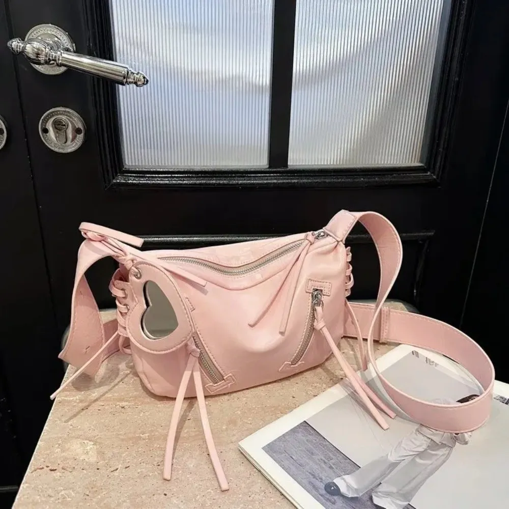 Elegancka skórzana torba na ramię z lusterkiem w kształcie serca, styl motocyklowy, koreańska torebka pod pachę, jednolity kolor, duża pojemność, torba crossbody w stylu Y2K Punk