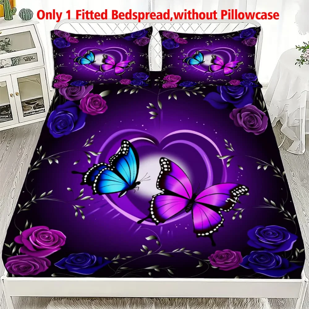 1pc Purple Heart & Butterfly Rose Print Fitted Sheet Deep Pocket Elastic Mattress Cover Single Double Queen King Bedroom Decor