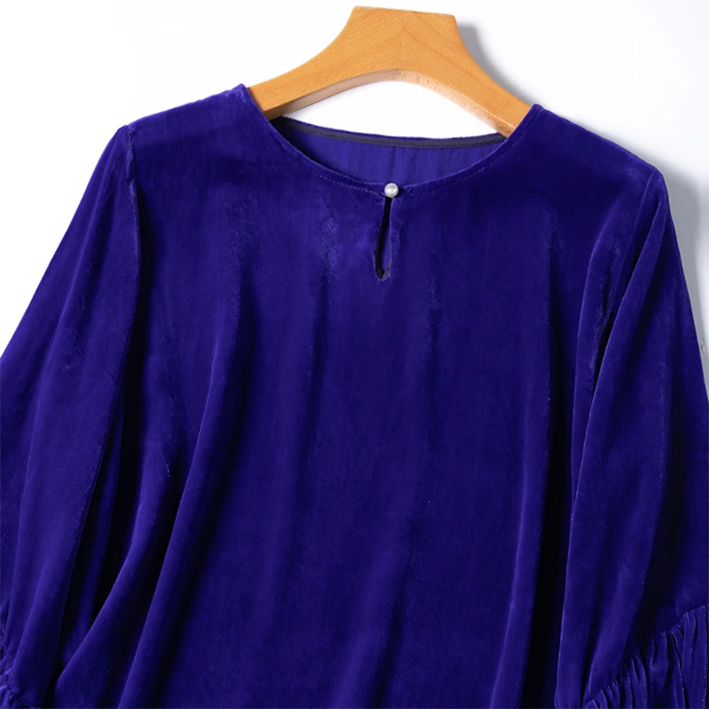 Women Silk Velvet Blouse 100% Mulberry Silk Lining Royal Blue Shirt Top Pullover Loose Type Lantern Sleeve Office Lady M1222