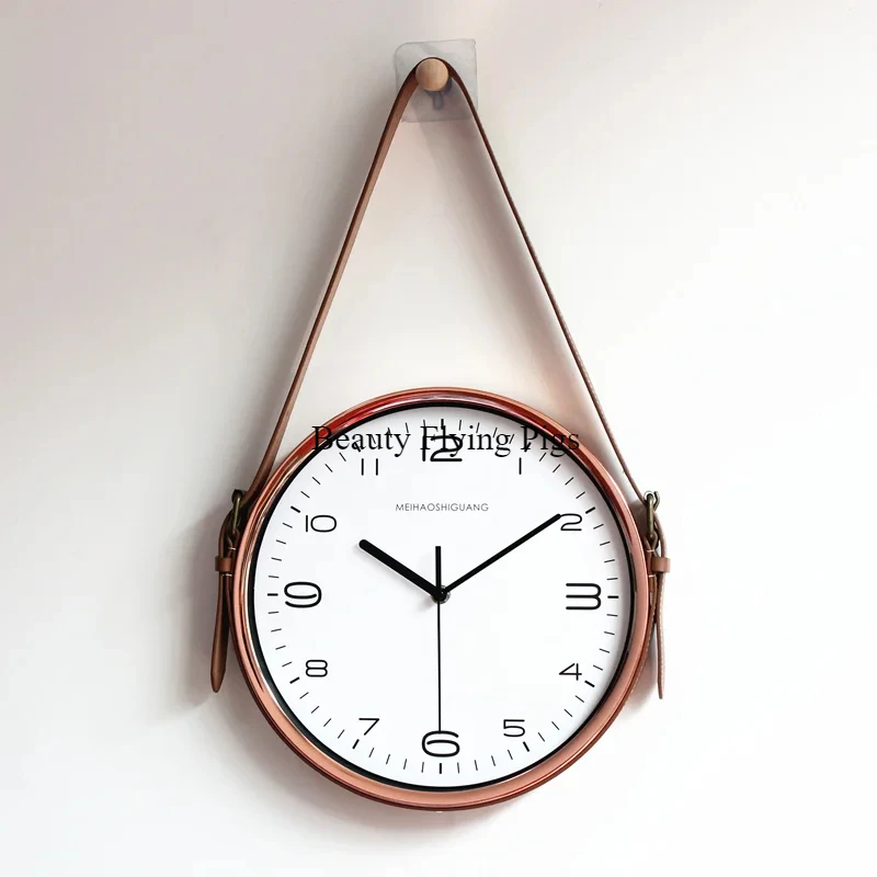

1pc Nordic Leather Belt Exquisite European Style Wall Clock Muted Living Room Bedroom Household Watches Clock Wall Pendant