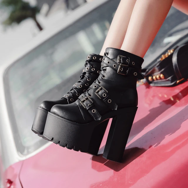 Gdgydh Women s Goth Platform Boots Sexy Round Toe Block Heeled Shoes Buckle Strap Ankle Boots For Women Punk Style AliExpress 322