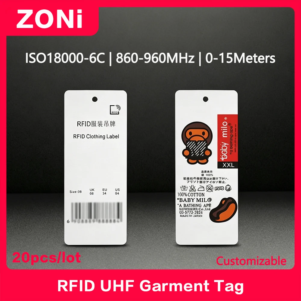 RFID UHF Garment Hang Tag 860-960MHz RF Smart Tags Long-Range NXP U8/R6P Shoes Handbag Label ISO18000-6C High Quality 20pcs