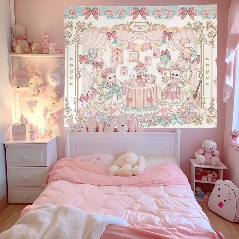 VIKAMA Goodnight Sleepwear Lamb Bear Hanging Cloth Retro Border Cartoon Tapestry Living Room Background Wall Room Decoration