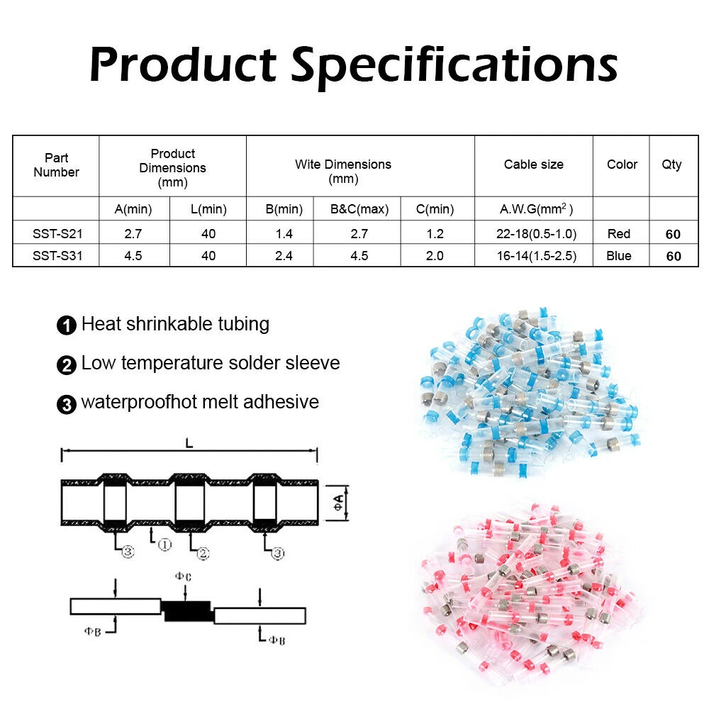 120Pcs Red&Blue Solder Sleeve Heat Shrink Butt Wire Splice Terminal Connector Insulated Waterproof Terminals