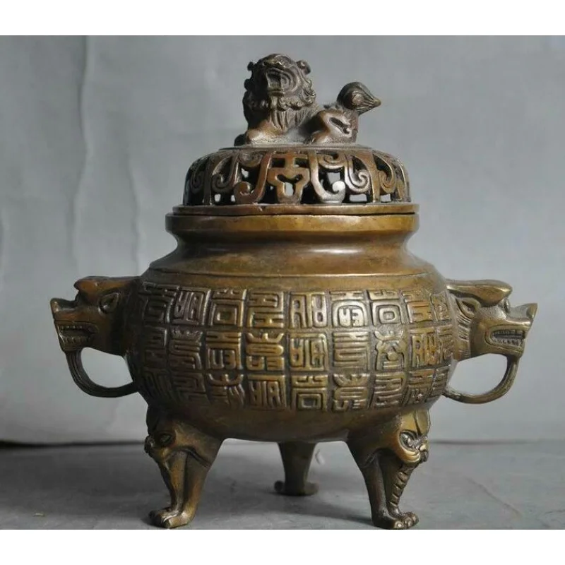 6inch Chinese Ancient Bronze Temple Josaurus Lion Statue Tripod Censer Incense Burner