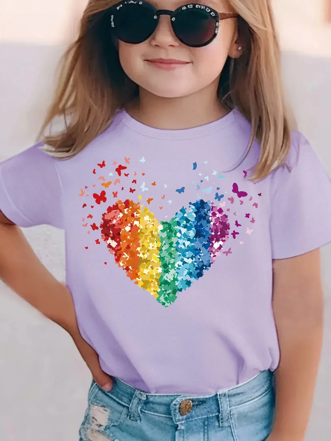 

2026 New Girls Cotton T-shirt, Rainbow Sequined Heart Print Round Neck Casual Kids Tops