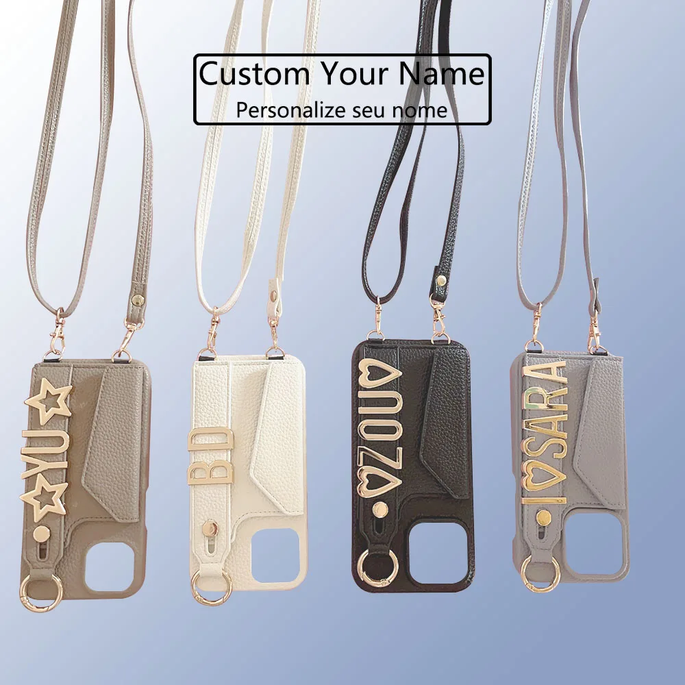 Crossbody Luxury Custom Name Metal Letters Lanyard Leather Phone Case For iPhone 16 15 11 12 13 14Pro Max Personalized Cover