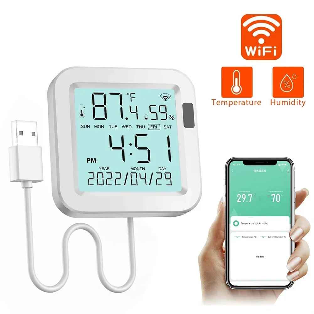 

For Tuya WiFi Room Thermometer With LCD Screen Smart Thermometer And Hygrometer Humidity Sensor Charged By USB Adapter
