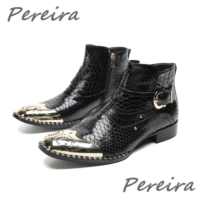 

Black Snake Pattern Men Short Boots Metal Buckle Square Toe Rivet Chelsea Boots Spring Autumn Banquet Party Wedding Dress Shoes