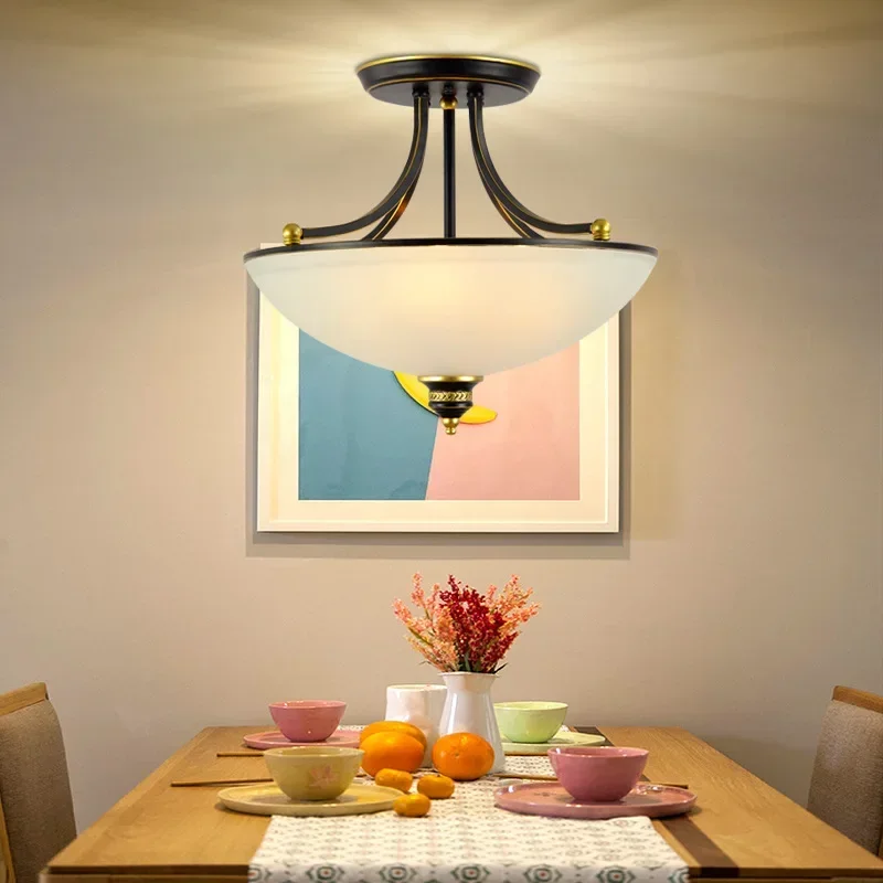 

American Wrought Iron Ceiling Chandelier Rotundity White Glass Pendant Light Living Room Bedroom Restaurant Kitchen Hanging Lamp