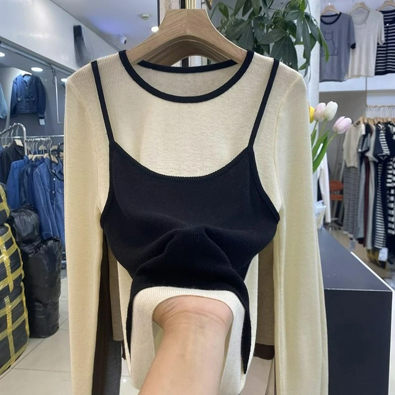 

Поддельные два универсальных трикотажных свитера, осенне-зимние базовые топы