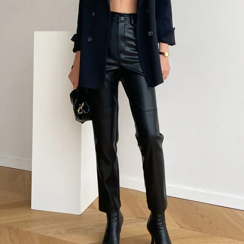 Kobiety prawdziwa skórzane spodnie ołówkowe moda minimalistyczna z wysokim stanem ukośna kieszeń długie spodnie wąskie prosta rurka pantalony