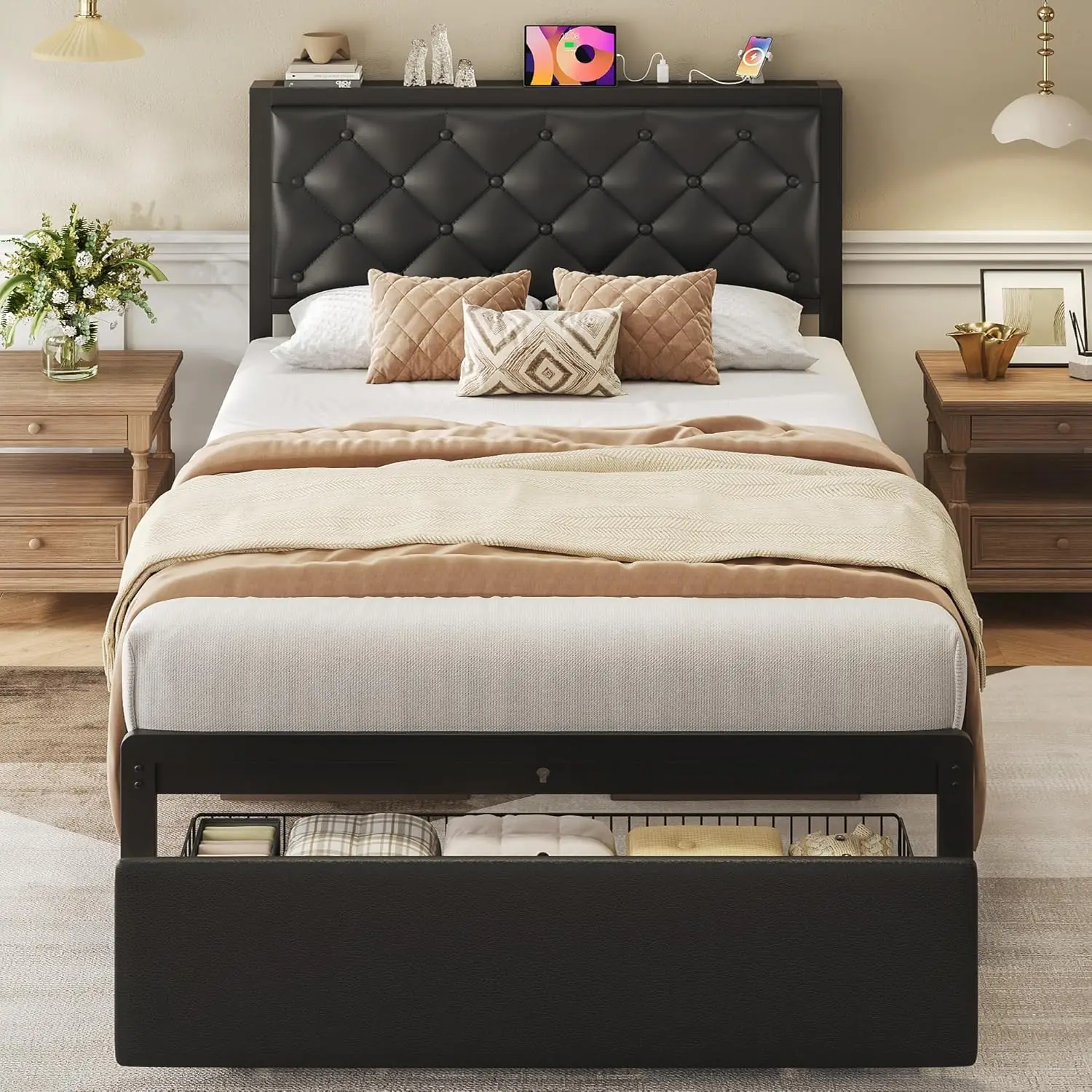 Twin Bed Frame with Storage Drawer, Upholstered Headboard Button Tufted Bed Frame with Charging Station, No Box Spring Needed, Noise-Free, All Metal Structure, Black