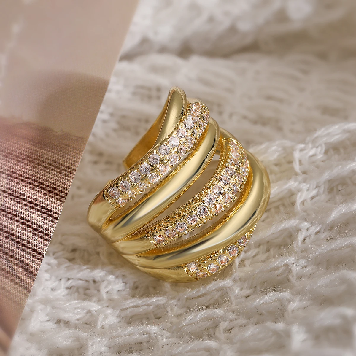 31styles Luxury AAA Cubic Zirconia Inlay Copper Wedding Jewelry Gold Color Statement Geometric Rings For Elegant Women