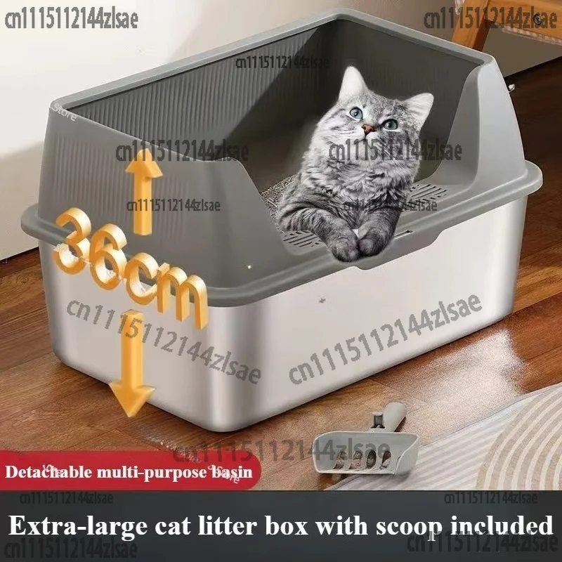 Stainless Steel Large Double-Layer Non-Slip Litter Box, Multi-Cat Toilet with Elevated Guard Cover Anti-Stick Bottom