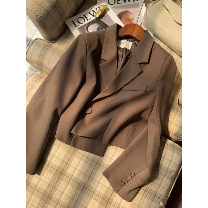 Short Blazers for Women Jacket with Single Button Wide Decoration Loose Suit Coffee/black