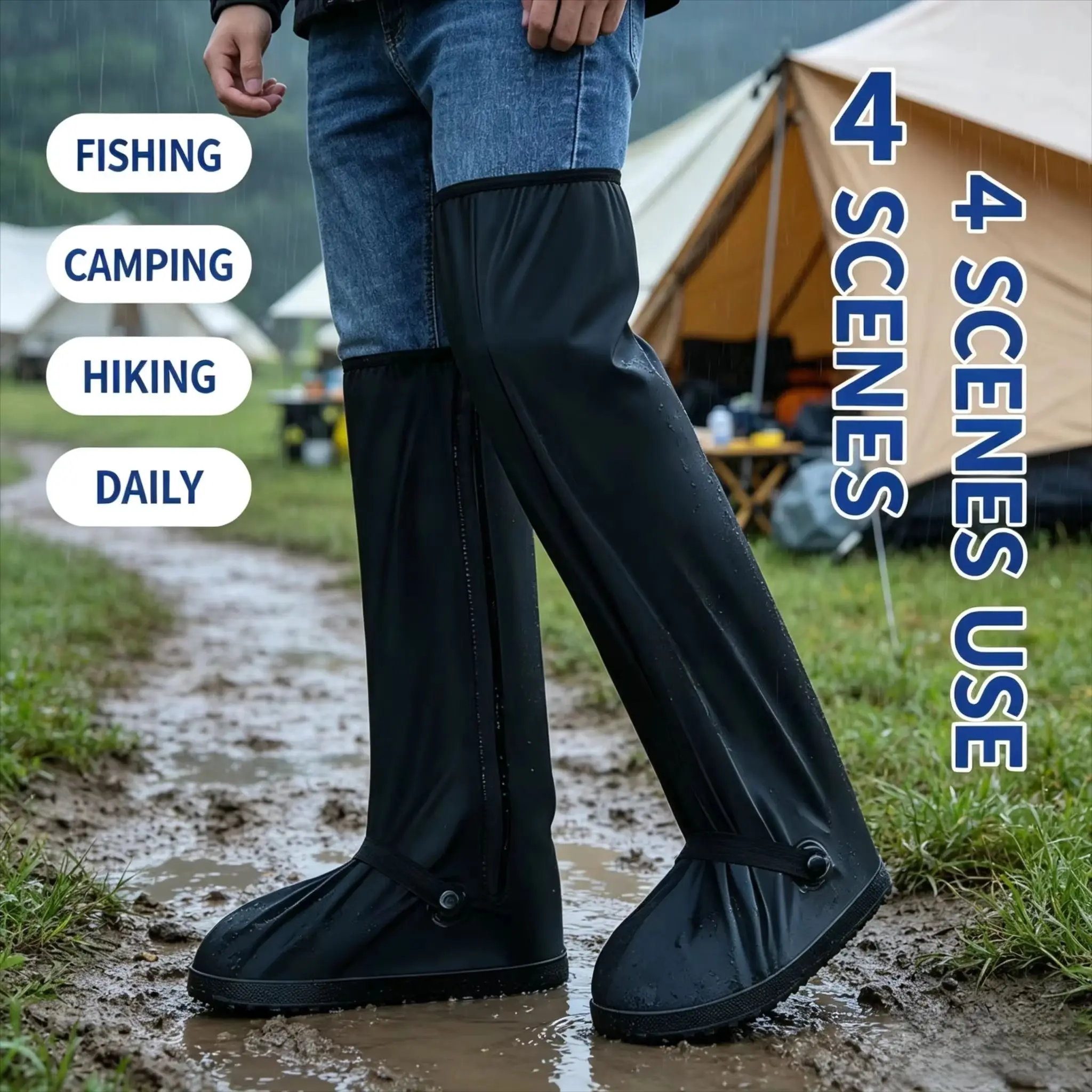 Waterproof Over Knee Cycling Shoe Covers Non Slip Reusable Rain Foot Protector for Motorcycle Fishing Camping Hiking Daily