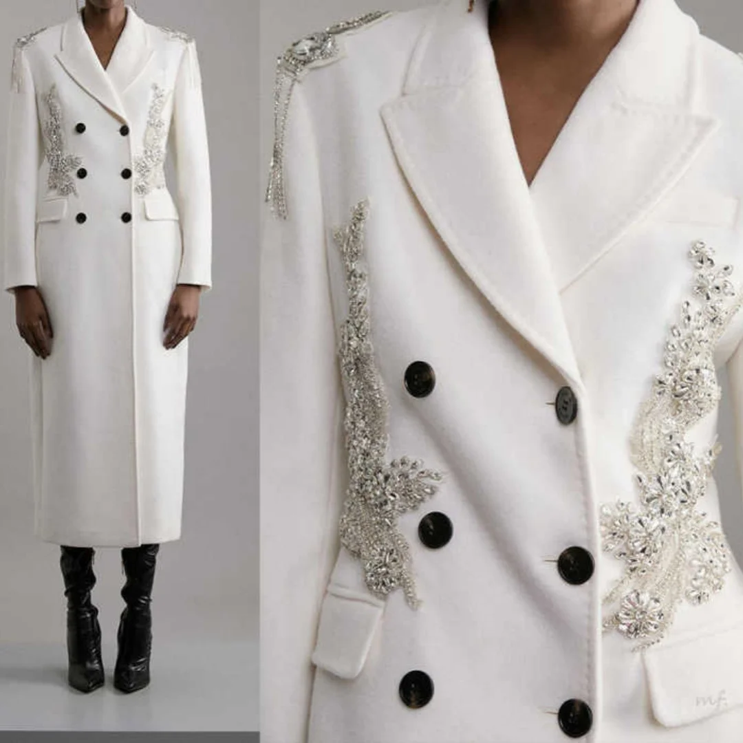 

Fashion Winter Warm Women Coat Double Breasted Peaked Lapel Jacket Blazers Crystals Birthday Party Customized One Piece