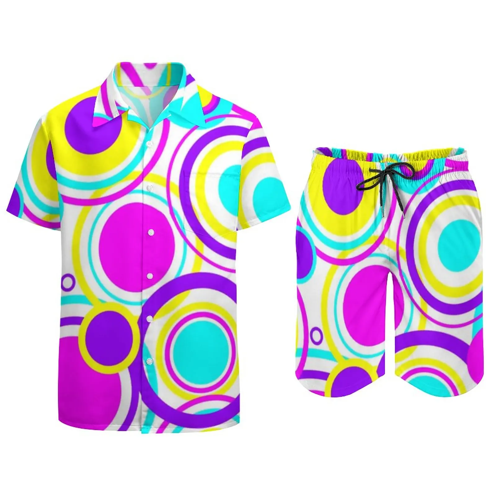 Circles Pattern Men Sets Bright 60s Print Casual Shorts Beach Shirt Set Trending Graphic Suit Short Sleeve Plus Size Clothing