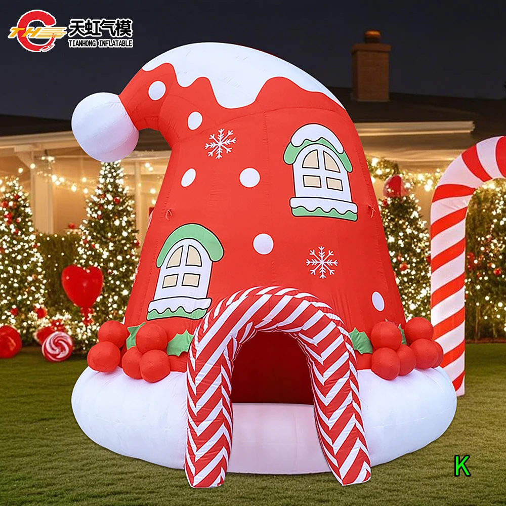 คริสต์มาส Inflatables ขนาดใหญ่ Merry Christmas Santa หมวกบ้านโดมตกแต่งกลางแจ้ง Blow Up Giant Inflatable หมวกคริสต์มาสเต็นท์