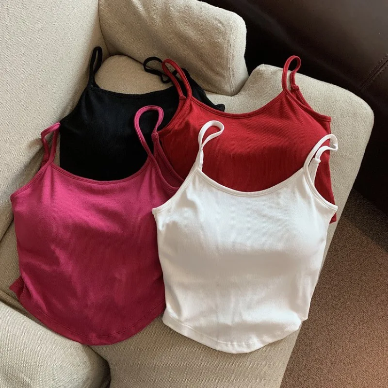 French Sweet Tank Tops Women with Pad Spaghetti Strap Crop Tops for Womens Backless Tank Camisole Summer Dropshipping