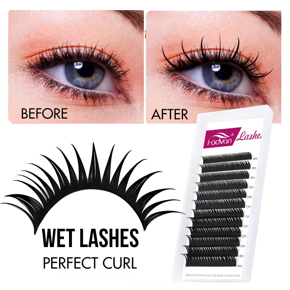 FADVAN Wet Look Lashes Cosplay Makeup Eyelash Extensions Russian Volume Eyelashes Premade Volume Fans Wispy Natural Lash 12 Rows