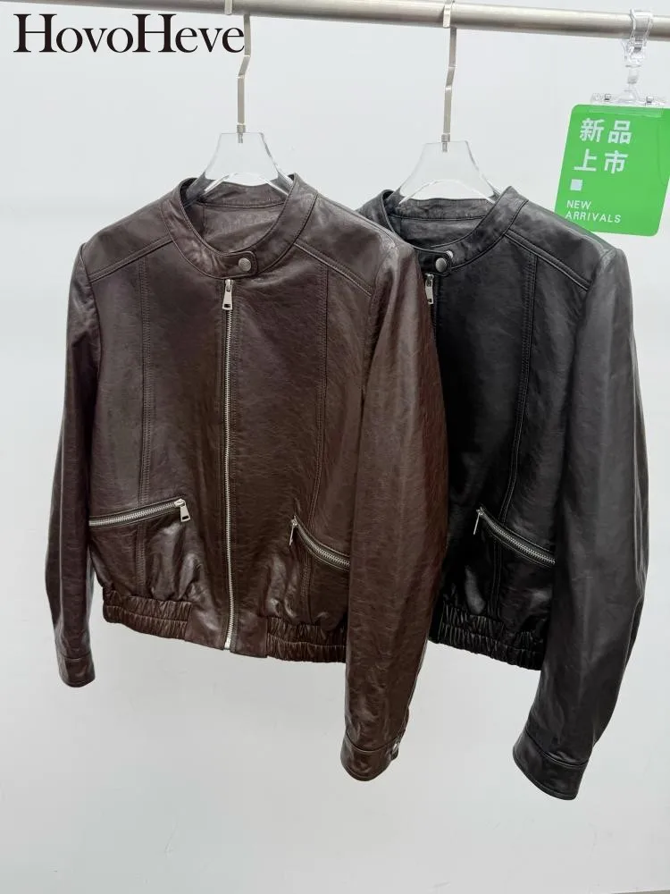 Ladies Leisure Zipper Short Genuine Leather Jackets Solid Color Turn Down Collar Long Sleeves Pockets Sheepskin Outwear