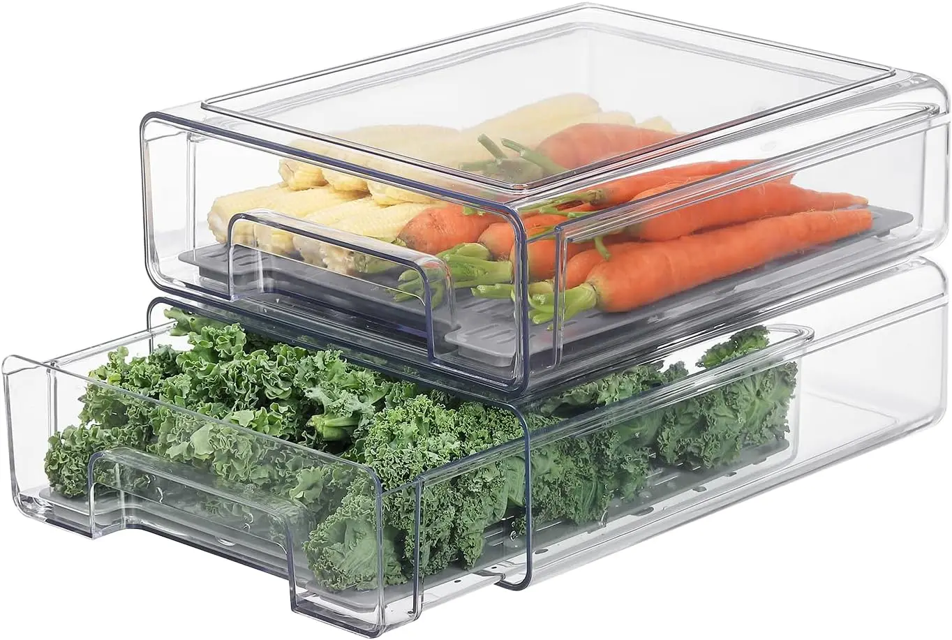 

Pull Out Clear Fridge Organizer Drawers with Drainer, Refrigerator Stackable Storage Bins for Kitchen Fruit & Veggie Organiza