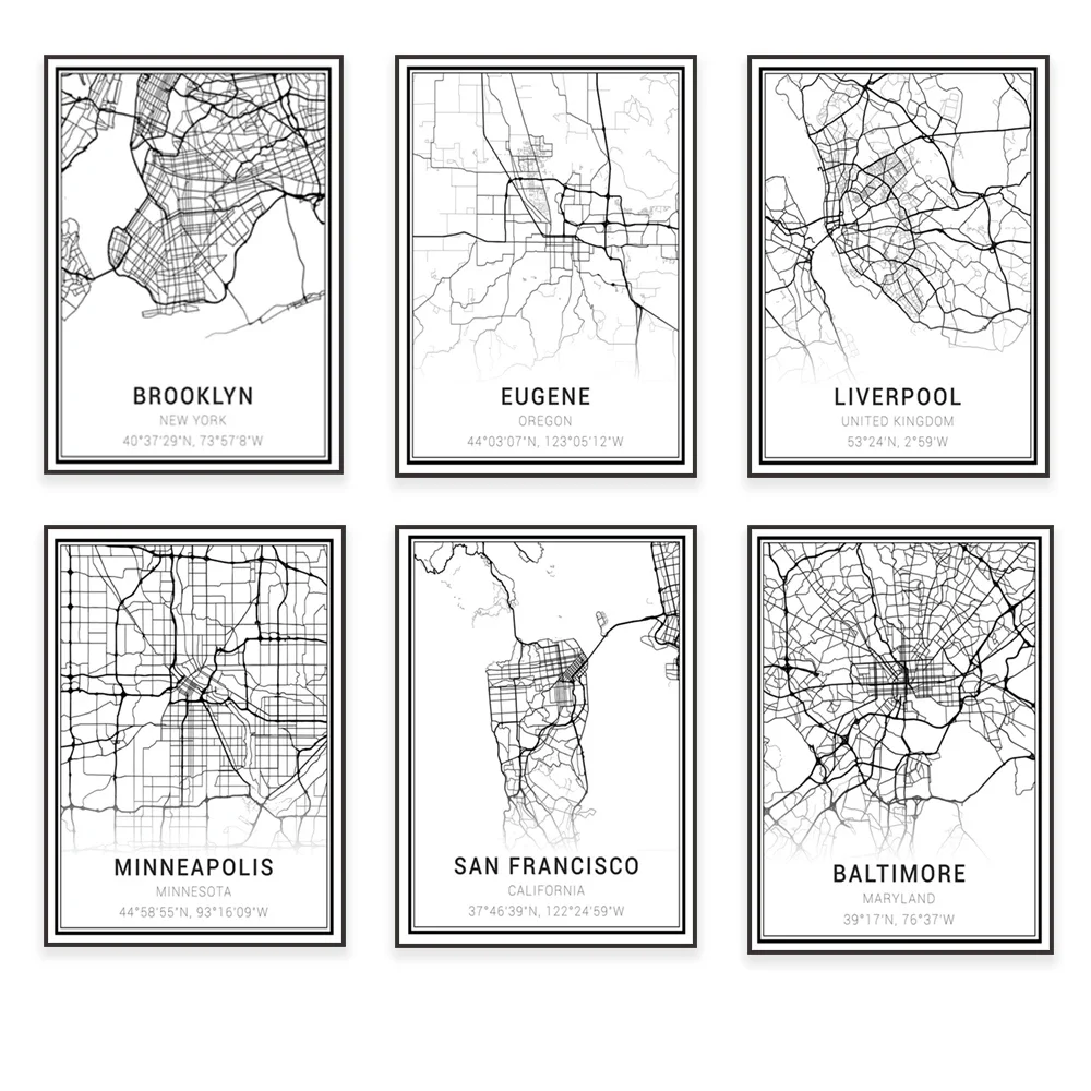 Brooklyn, El Paso, Texas, San Francisco, Paris, Minneapolis, Baltimore, Liverpool, Cleveland, New York, Oregon city map posters