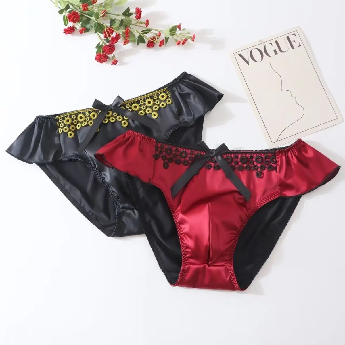 

Men's Cross-dressing Red Sexy Lace Bow Briefs Sissy Silky Touch Panties Live Show Dance Costumes Panties Private BF Party