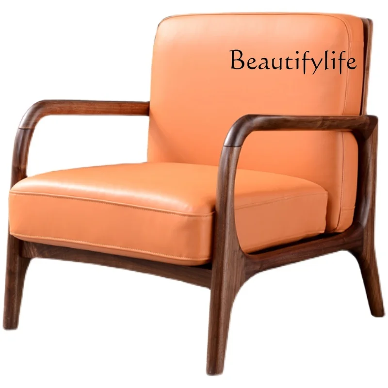 

Black Walnut Nordic Solid-Wood Leather Sofa Italian Leisure Chair Light Luxury Chair Single Sofa