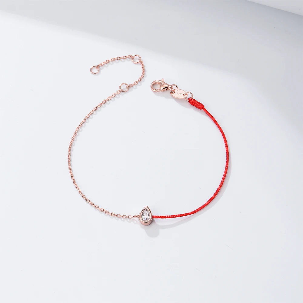 Chinese Retro 925 Sterling Silver Female Adjustable Chain 14k Gold Plated Transfer Belt pear Zircon Stitching red Rope Bracelet