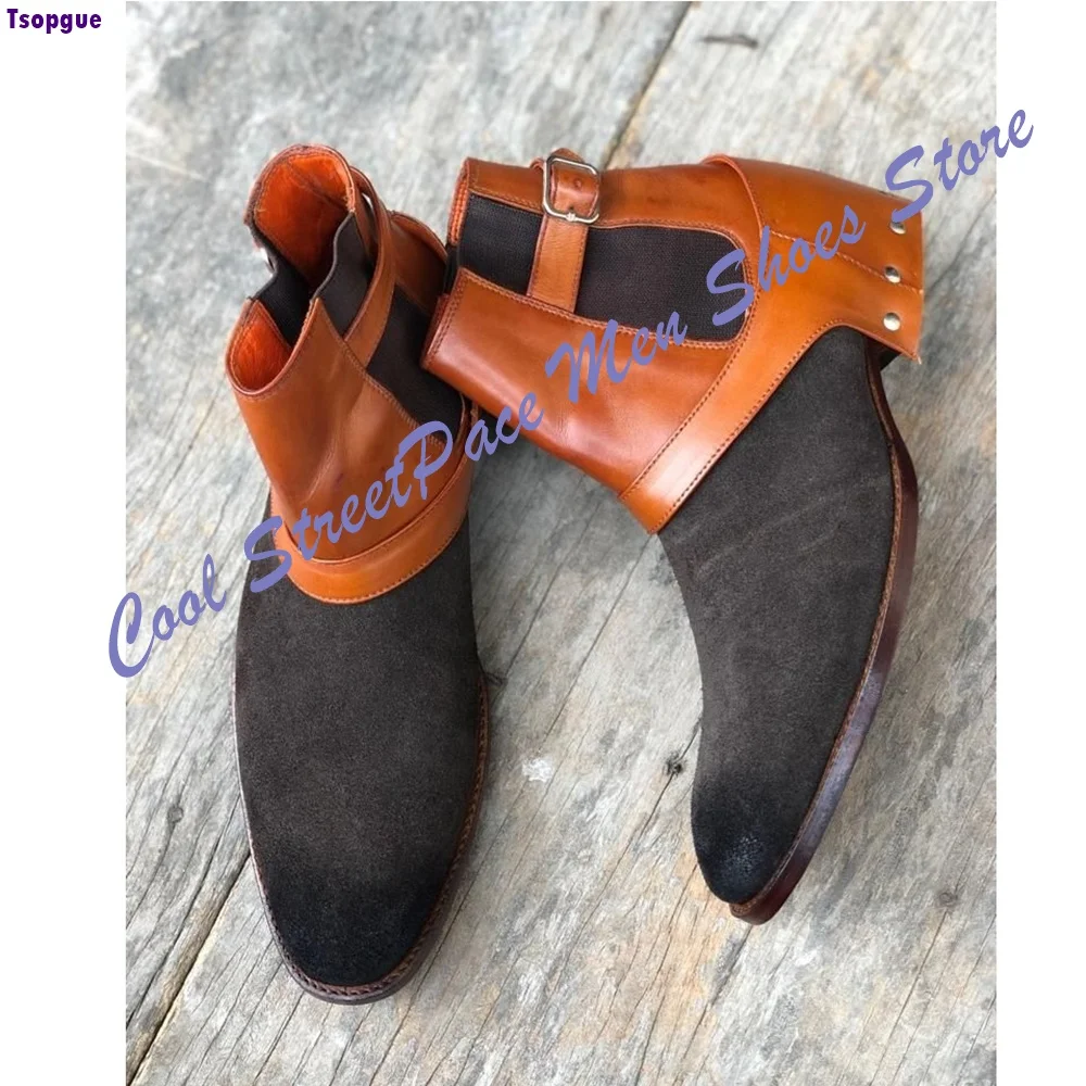 Men Vintage Brown Leather Suede Buckle Strap Chelsea Ankle Boots Handmade Pointed Toe Slip On Business Casual Dress Footwear