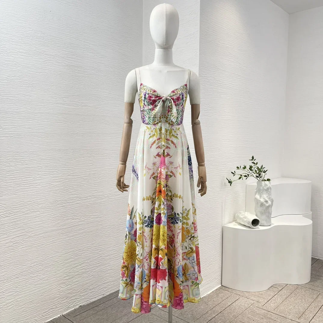 

2024 New Golden Daisy Little Floral Print Sleeveless Sweetheart Neck Diamonds High Quality Silk Midi Dress for Women