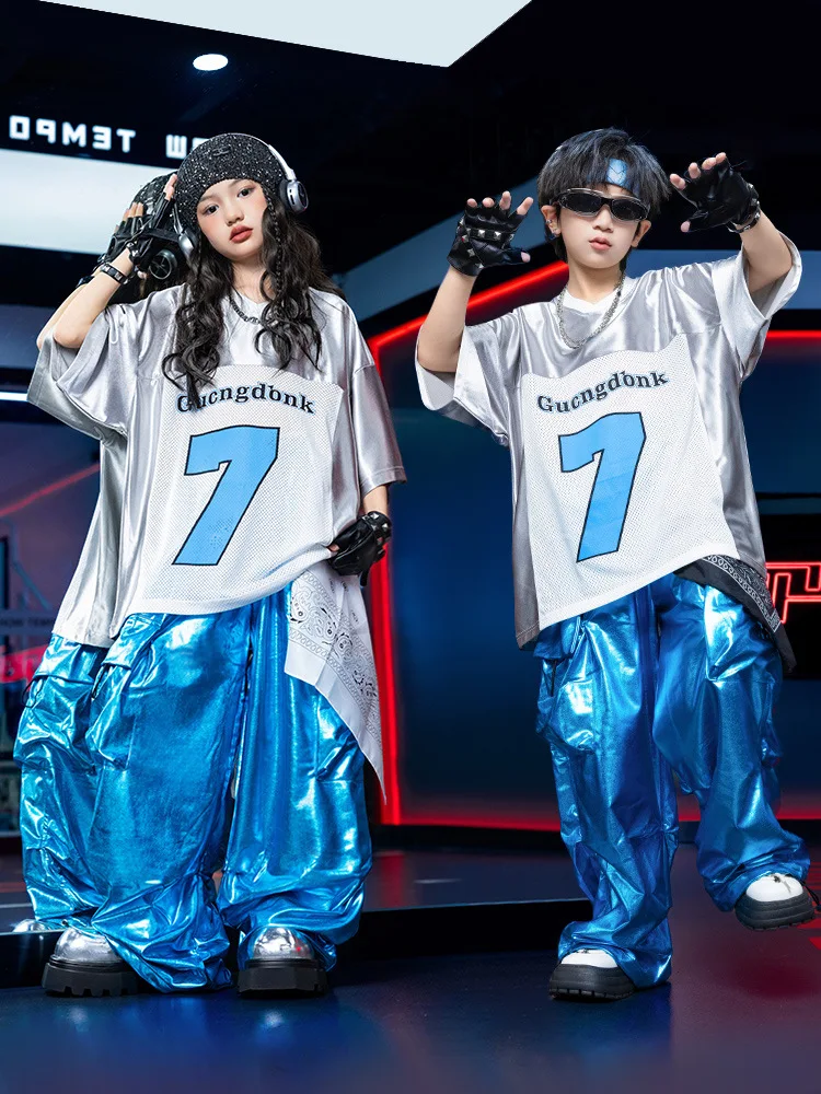 

Kid Hip Hop Clothing Silver V Neck T Shirt Top Blue Faux Leather Casual Parachute Cargo Pants for Girl Boy Dance Costume Clothes