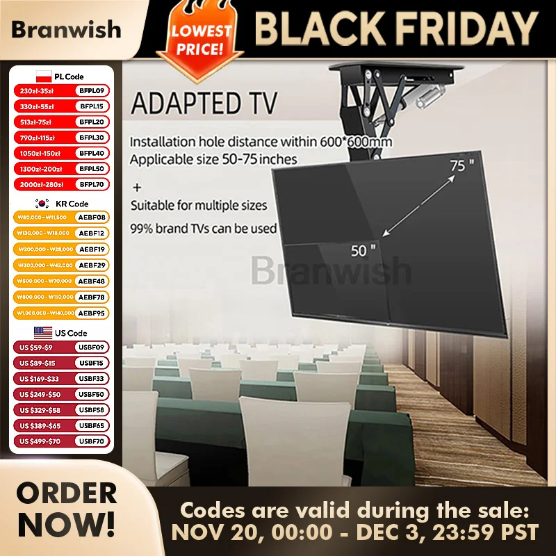 

50-75" Ceiling TV LIFT Electric Remote Control Rotating Bracket Support Motorized Stand Adjustable Mount Wall Monitor Holder