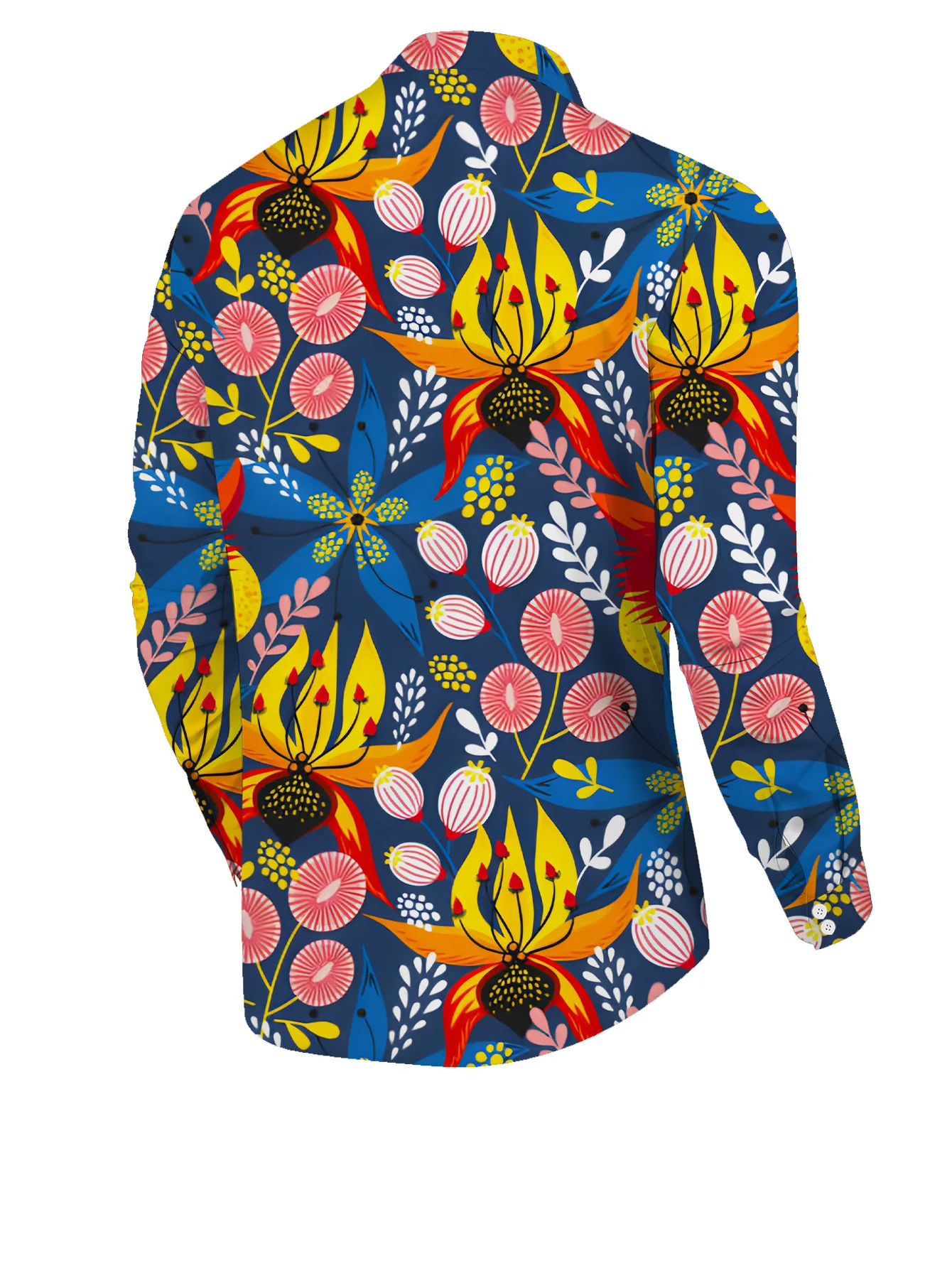 Men Long Sleeve Button Down Shirt Navy Base Tropical Exotic Floral Print Polyester Lapel Collar Vacation Party