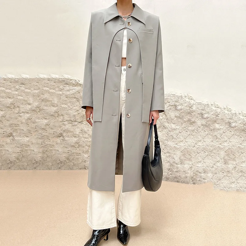 

Autumn new deconstruction trend detachable collar trench coat two-piece design sense niche suit long women's coat