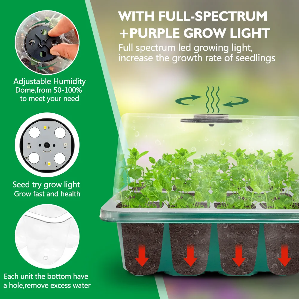 14CM Tall Full Spectrum LED Grow Lights Seedling Tray Germination Box  Greenhouse Indoor Garden Growing Pot 12 Cells