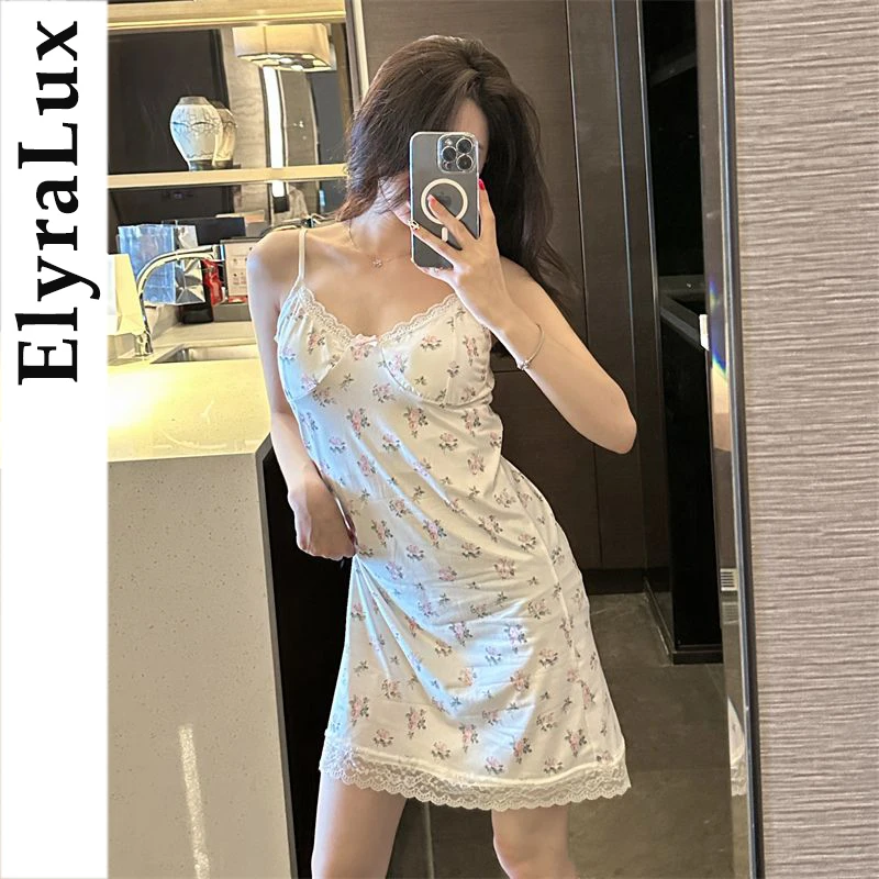 

ElyraLux Women's Spaghetti Strap Nightgowns Lace Floral Nightdress Sweet Print Slims Smooths Your Silhouette Cotton Lace Sexy