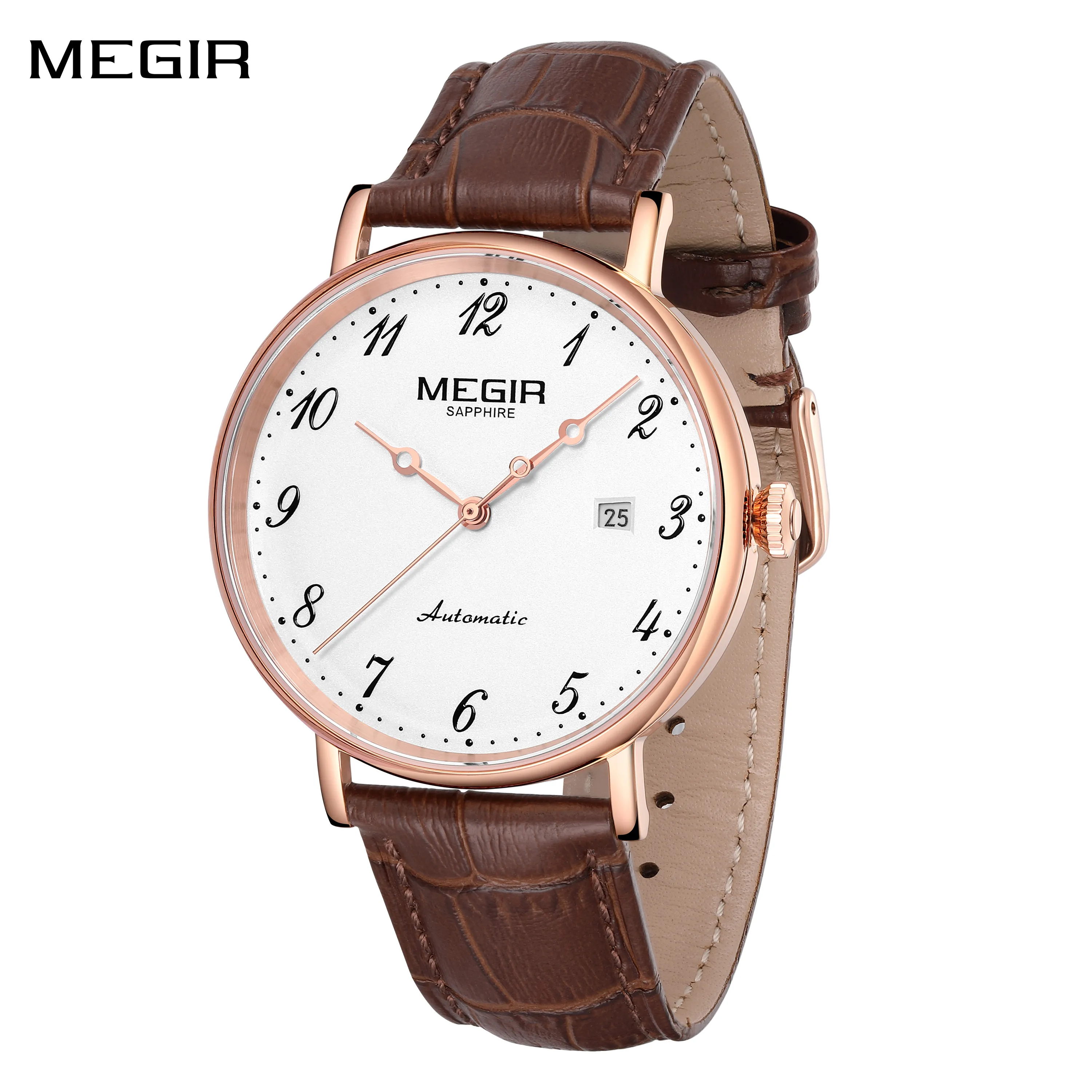 

MEGIR Роскошные автоматические механические часы для мужчин, сапфировые наручные часы с большим циферблатом, спортивный кожаный ремешок, водонепроницаемые часы с датой 62012