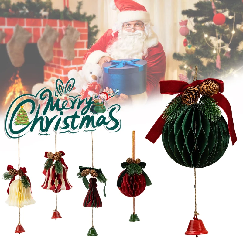 

1/3PCS Christmas Honeycomb Balls Paper Bells Hanging Pendant for Xmas Tree Decor Party Wedding Classroom 2026 New Year Gift