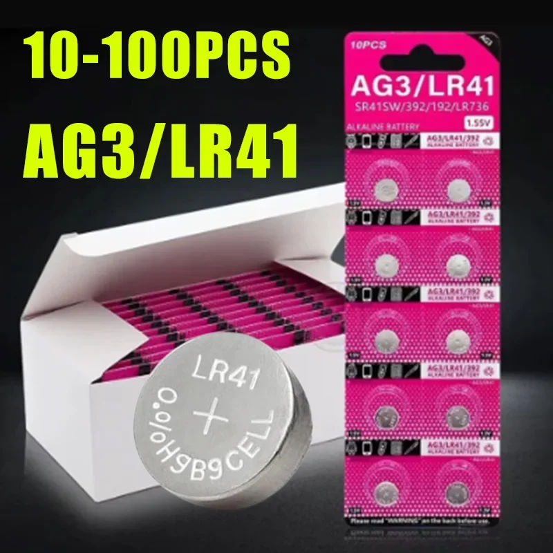 50~10pcs Cell Coin Lithium Battery AG3 1.55V Button Batteries SR41 192 L736 SR41SW CX41 LR41 392 Lamp Chain Finger Light Watches