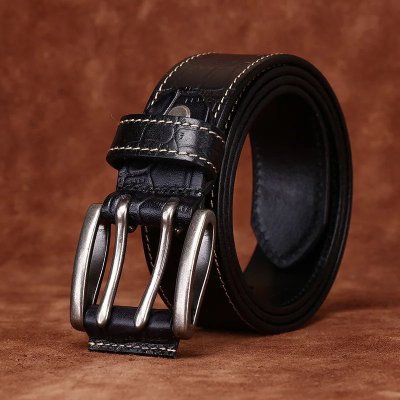 3.8cm Vintage Crocodile Pattern Embossed Top Layer Cowhide Double Pin Buckle Belt Men Genuine Leather Casual Denim Belt Men