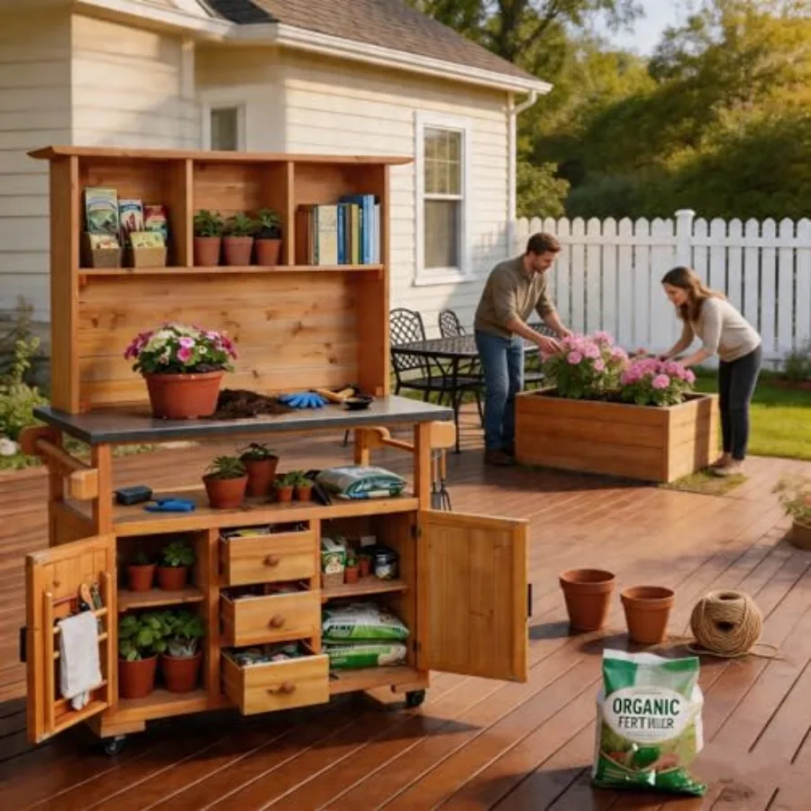 Outdoor Potting Bench Table with Hutch, Fir Wood Garden Workstation with Storage and Stainless Steel Countertop, Wooden Gardeni