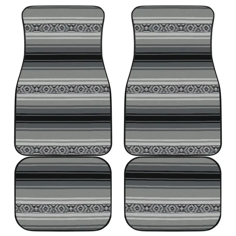 Mexican Blanket Gray Black Pattern Car Floor Mats Set of 4 Front and Back Serape Stripes Design