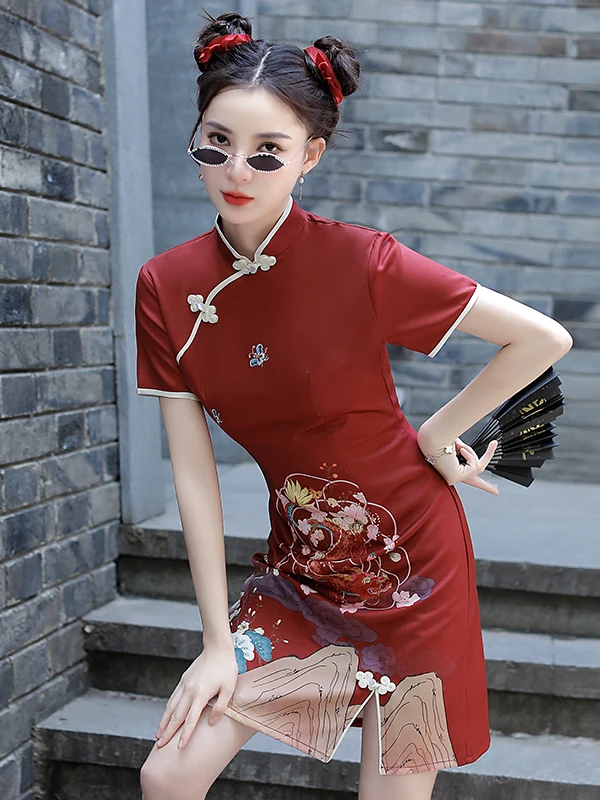 

Red Vintage Girl Daily Large Size Fat MM ort Skirt Sle Street Dr Women Summer ort Sve Low Slit Dr