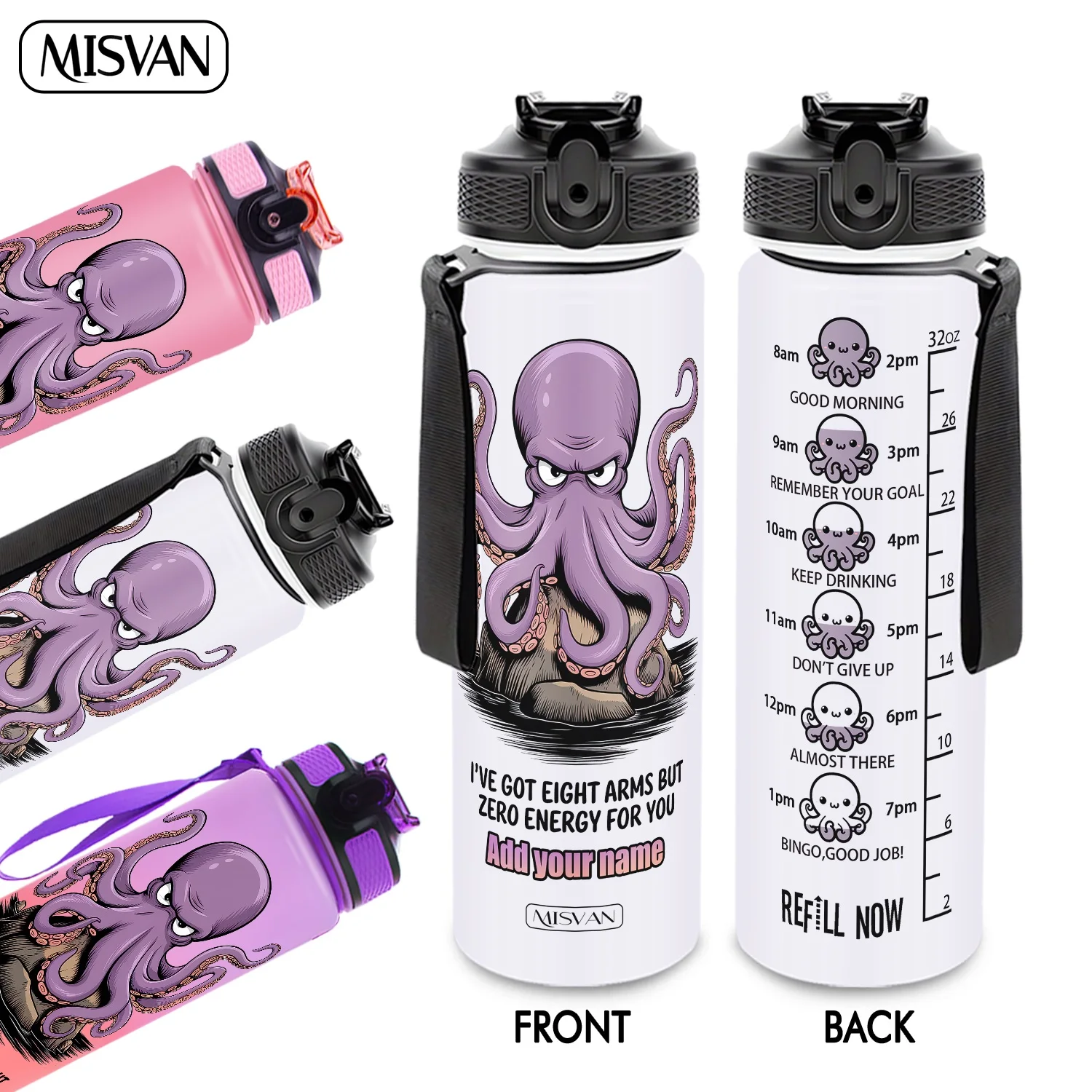 

1pc,customization Name 32oz Water Bottle,Purple Octopus Pattern with Time Markers,Encourage Daily Hydration,for Gym Cycling