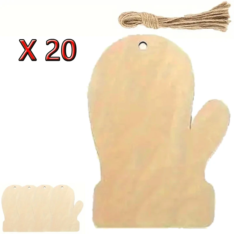 

20Pcs DIY Christmas Tree Hanging Decoration Cartoon Wooden Blank Gloves And Ropes Art Drop Ornaments Craft Double-Sides Ornament