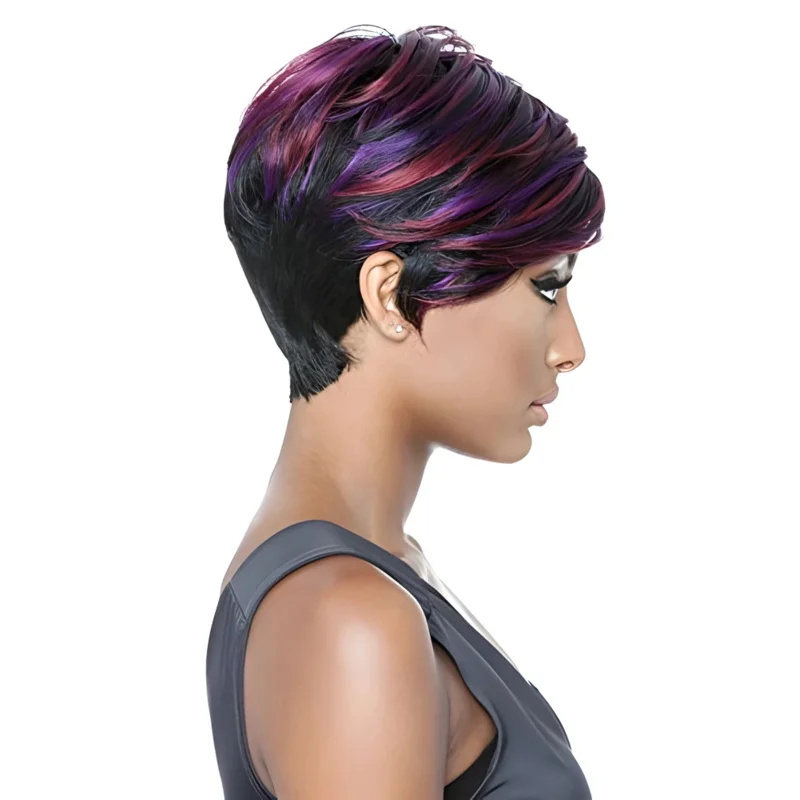 BeiSDWig Synthetic Highlight Wig Mixed Purple Red Hair Short Hairstyles for Women Natural Bang Wigs for Women